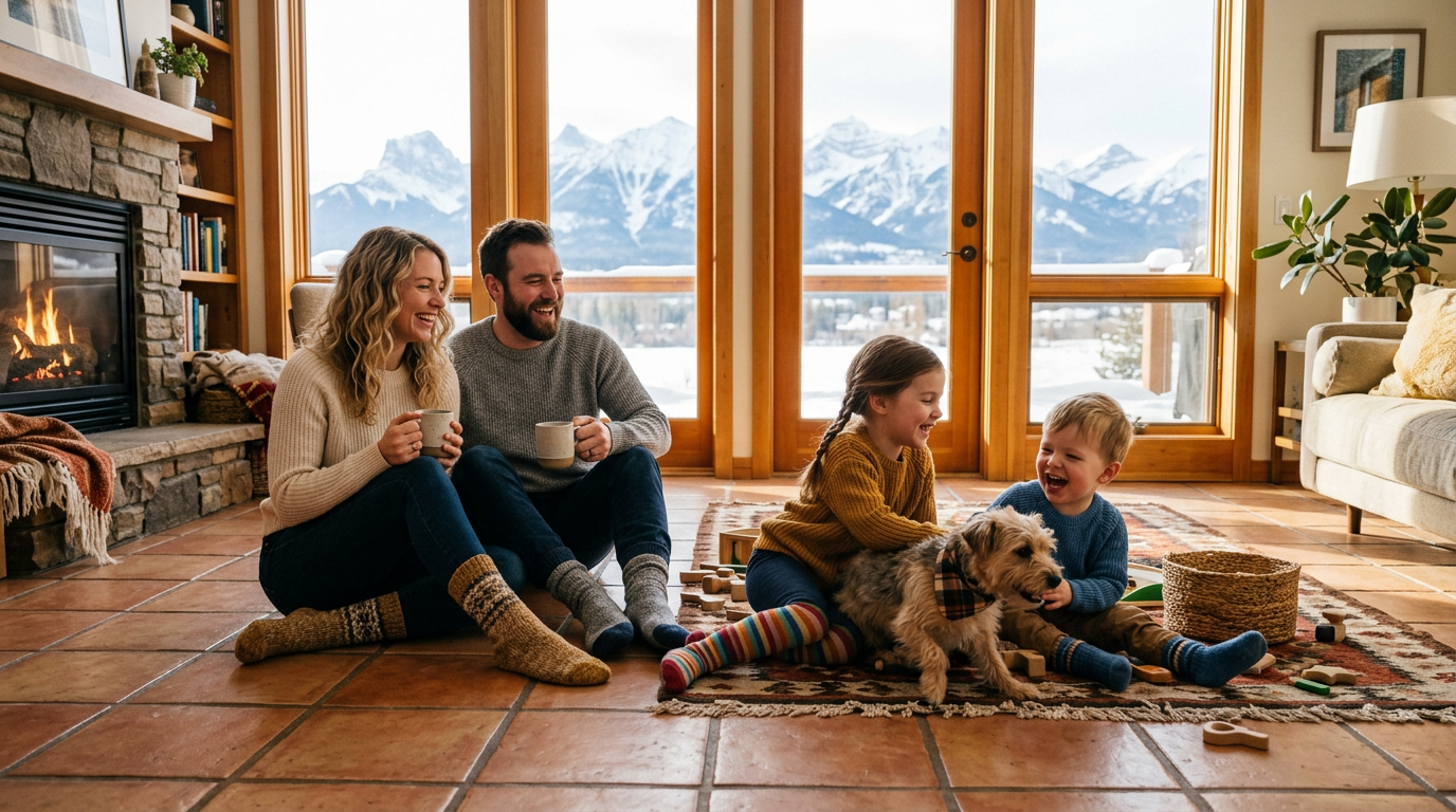 Family enjoying a warm tile floor with mountain view