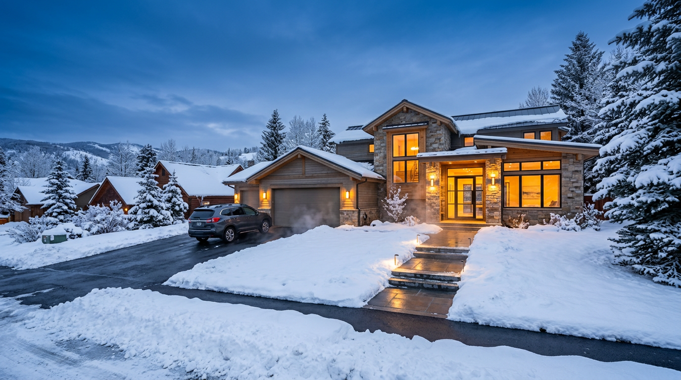 Clear concrete driveway free of snow next to snow-blanketed lawn