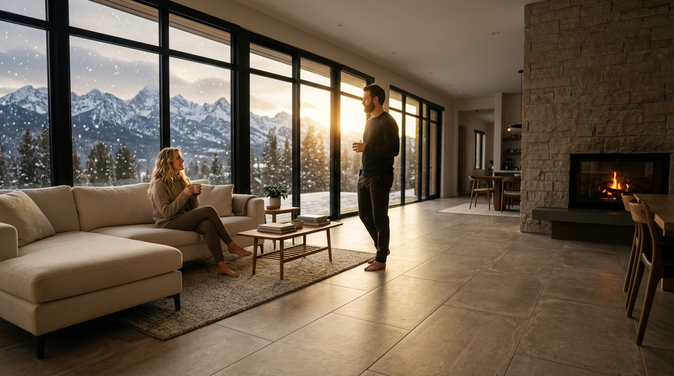 Modern home with warm tile floor and family at the window