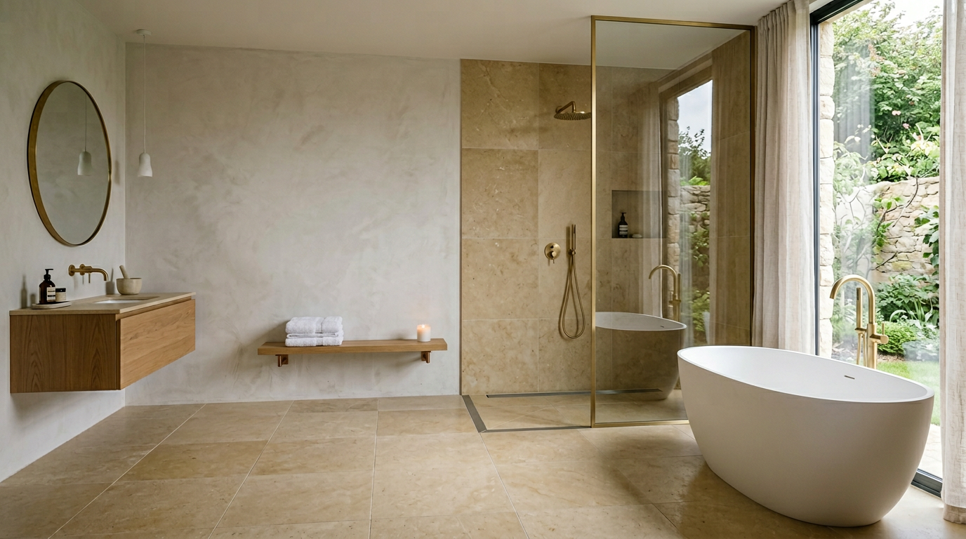Spa bathroom with curbless walk-in shower and linear drain