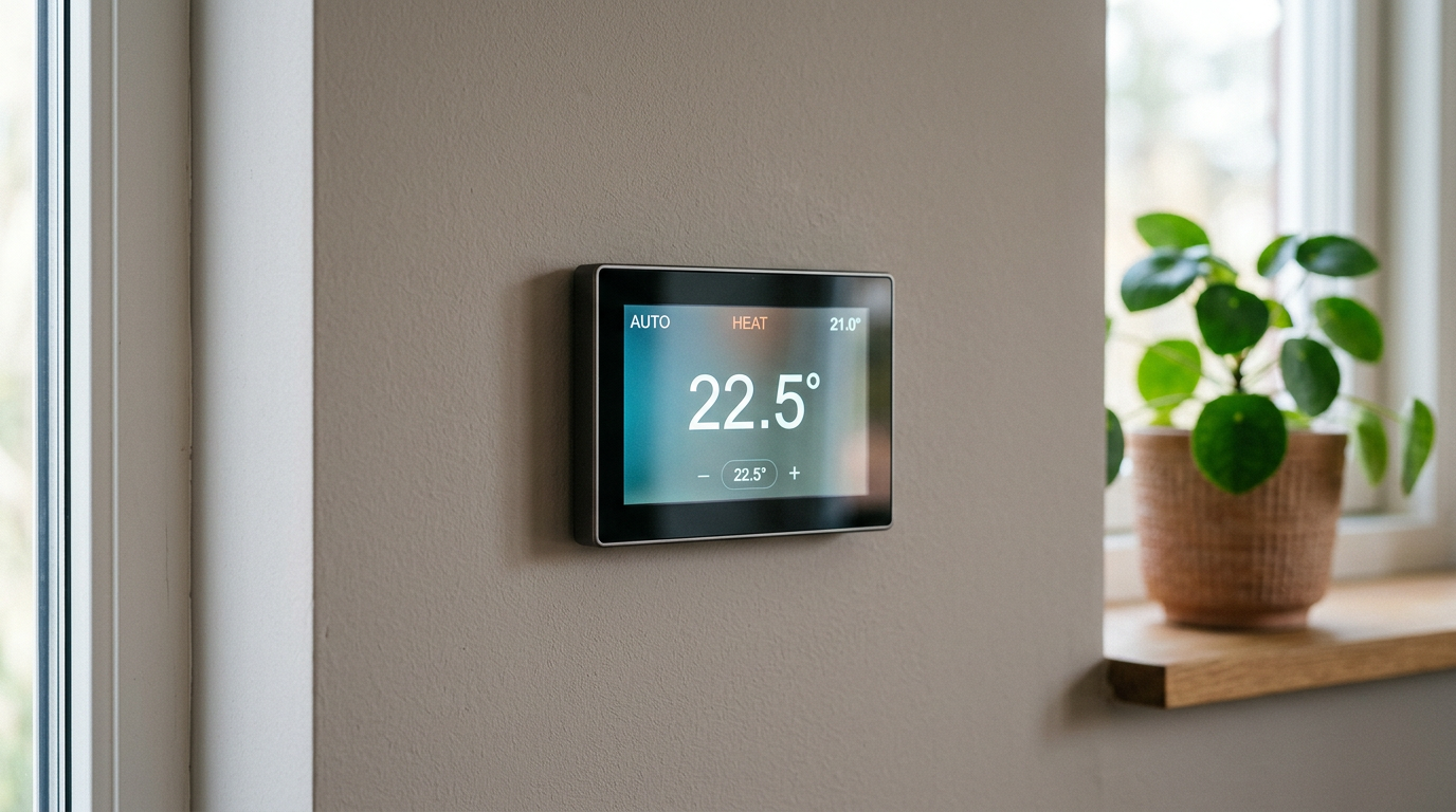 Wi-Fi touchscreen thermostat mounted on a warm-grey wall