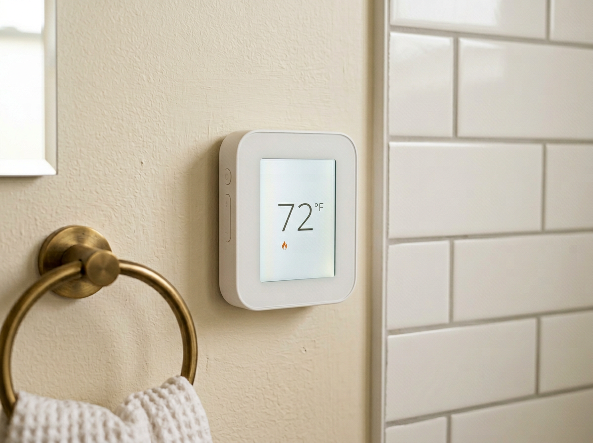 Solis Atelier Master Bath Radiant Bundle — 80 sq ft Floor + Bench Heating + Smart Thermostat — close-up technical detail of installation