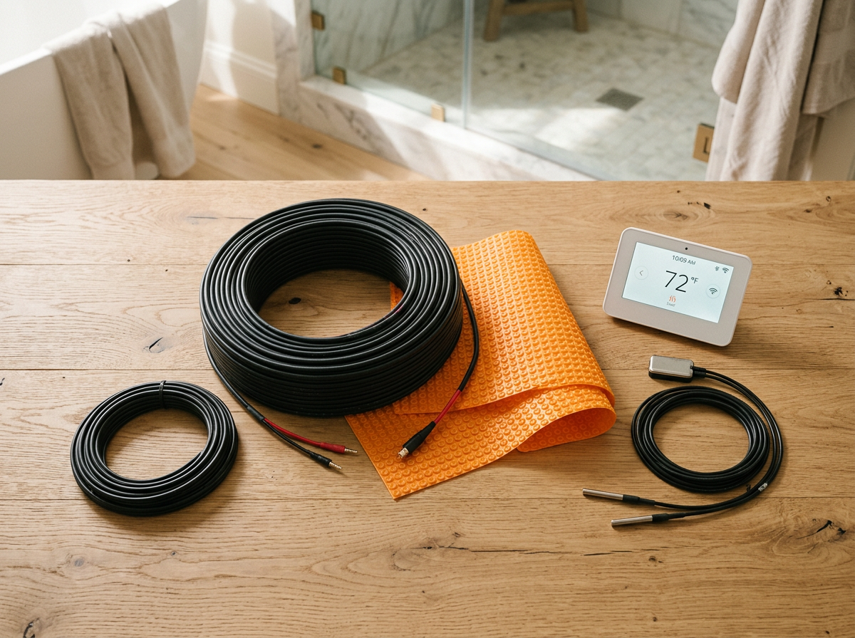 Solis Atelier Master Bath Radiant Bundle — 80 sq ft Floor + Bench Heating + Smart Thermostat — full system kit laid out, professional product photo