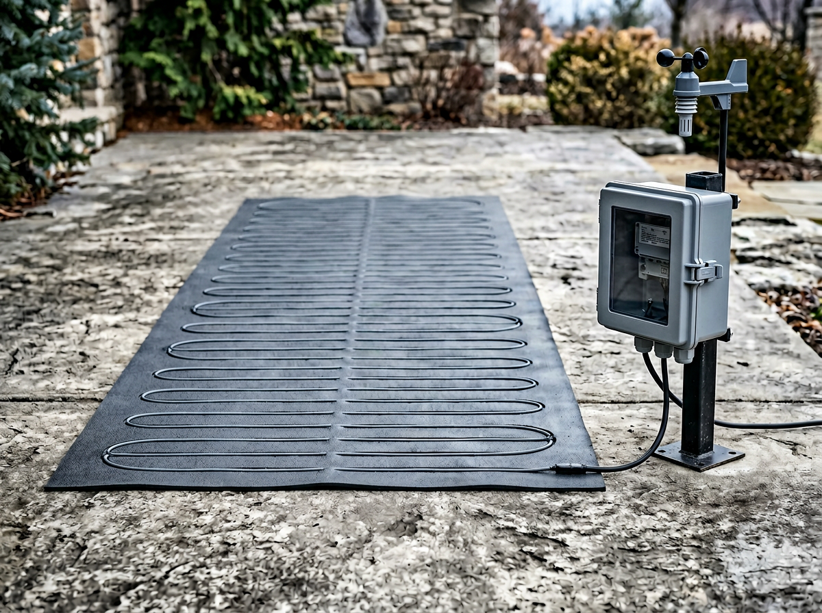 Solis Aurora Driveway Snow Melting System — 200 sq ft Mat + Aerial Sensor Controller — full system kit laid out, professional product photo