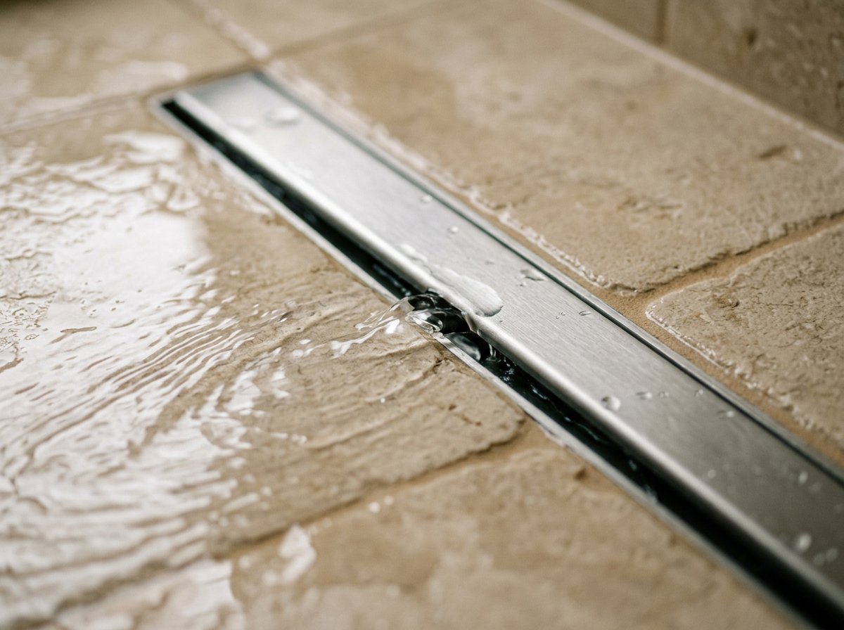 Solis Spa Curbless Shower System — 60" × 42" Linear Drain Waterproof Build — close-up technical detail of installation