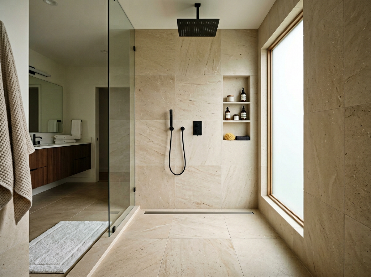 Solis Spa Curbless Shower System — 60" × 42" Linear Drain Waterproof Build — full system kit laid out, professional product photo