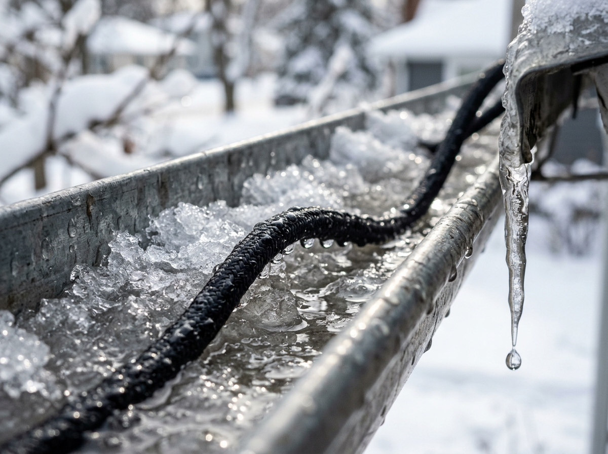 Solis Summit Roof & Gutter De-Icing System — 300 ft Self-Regulating Cable + Smart Controller — close-up technical detail of installation