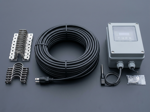 Solis Summit Roof & Gutter De-Icing System — 300 ft Self-Regulating Cable + Smart Controller — full system kit laid out, professional product photo